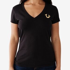 True Religion Metallic Chain  V Neck Black T Shirt Short Sleeves XL